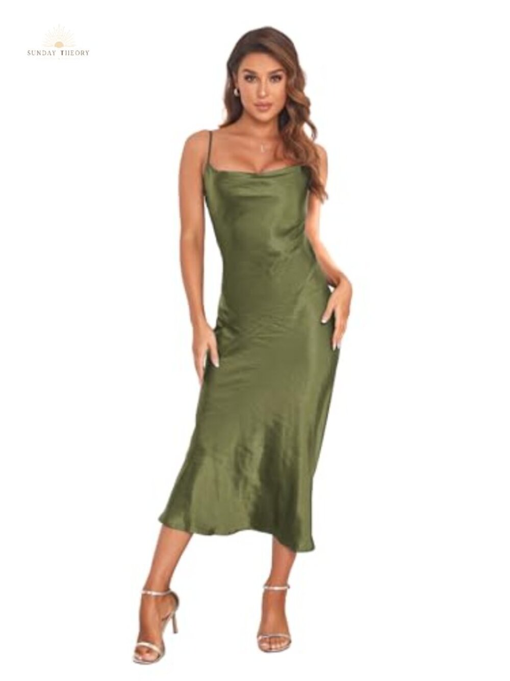 Satin Silk Midi Slip Dress Cowl Neck Spaghetti Strap Party Cocktail